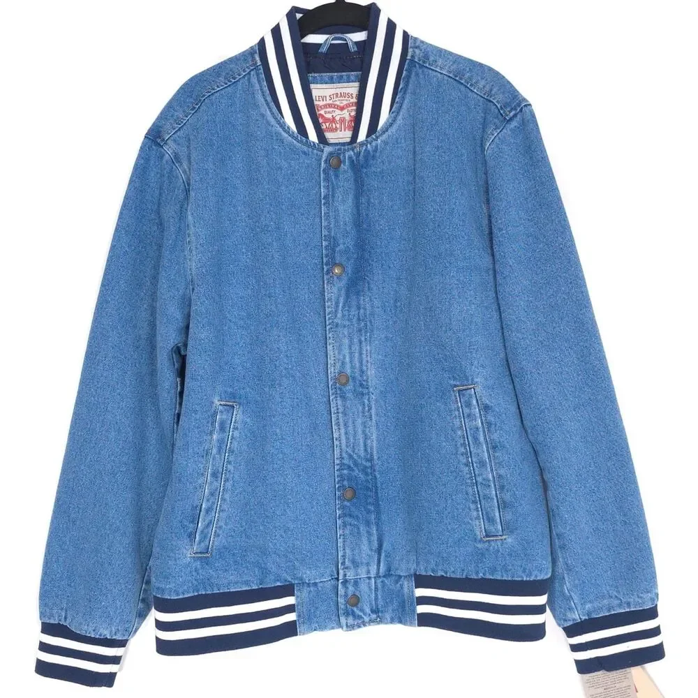 Levi's New Men's Full Zip Varsity Denim Bomber Jacket‎ LARGE Ribbed Knit Hem